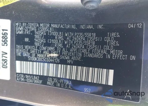 2012 Toyota Sienna Xle 7 Passenger z USA, uszkodzony, nr VIN 5TDDK3DC5CS044126